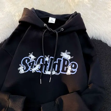 oversize美式复古连帽卫衣女ins潮牌秋冬加绒加厚宽松设计感外套图片