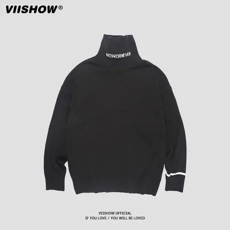 viishow黑色高领毛衣男士秋冬潮牌ins潮牌宽松情侣长袖针织衫商品大图