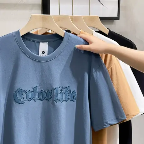 夏季新品日系复古贴布字母绣花短袖T恤男潮牌美式休闲半袖T恤男商品大图