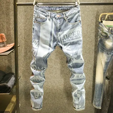 不规则个性印花牛仔裤男款修身小脚裤时尚潮流痞帅弹力长裤子男士商品大图