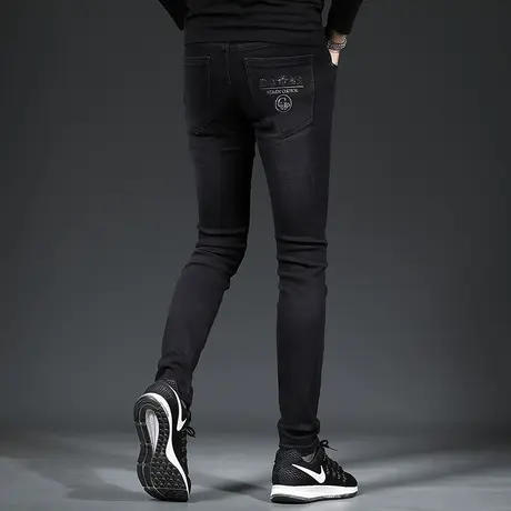 黑色刺绣牛仔裤男秋冬新款潮牌修身小脚男士个性潮流百搭厚款裤子商品大图