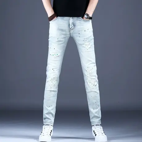 2023秋款男士新款牛仔裤子简约修身破洞补丁小脚裤男潮牌棉弹百搭商品大图