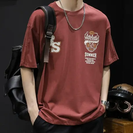 酒红色短袖t恤男士夏季宽松大码潮牌2023新款男装纯棉体恤男款夏商品大图