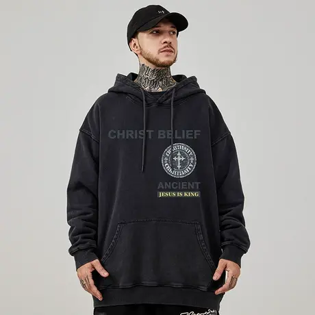 美式复古嘻哈大码卫衣纯棉重磅水洗做旧高街胖男子生外套加绒秋冬商品大图