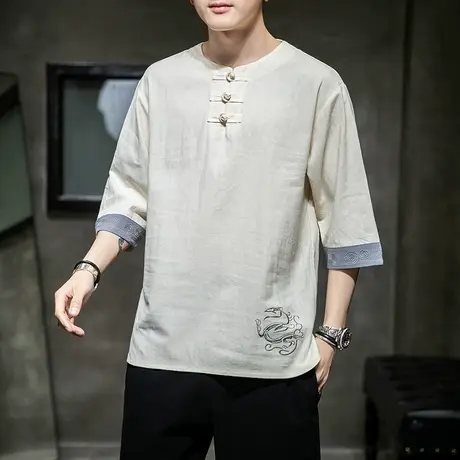 中国风棉麻上衣刺绣短袖T恤男秋季青年文艺宽松半袖汗衫薄款茶服图片