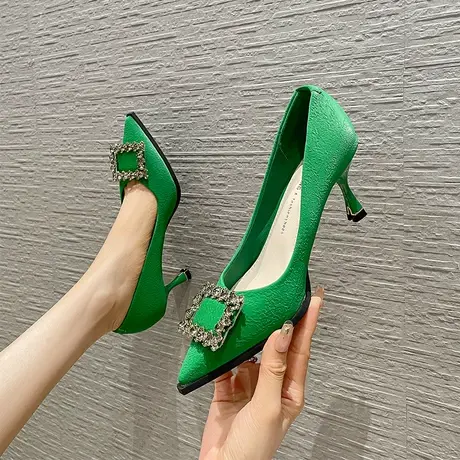 法式小众绿色高跟鞋女细跟2023年春夏新款性感时尚仙女风尖头单鞋图片