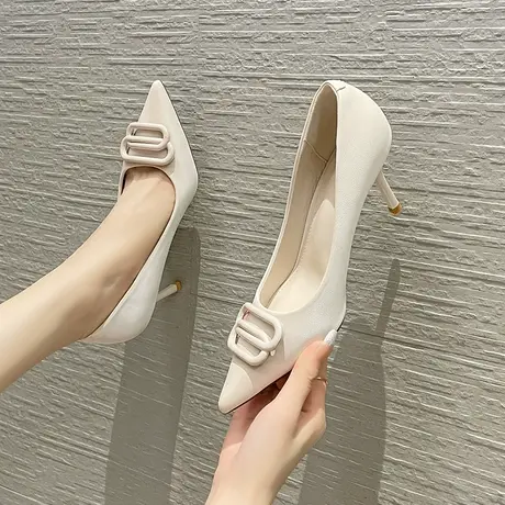 漆皮高跟鞋女细跟2023春秋新款职业工作鞋白色高跟尖头单鞋不累脚商品大图