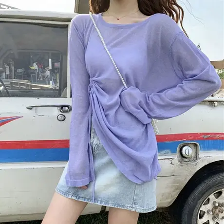 薄款冰丝针织衫夏季新款沙滩长袖防晒衣宽松罩衫抽绳上衣空调衫女图片