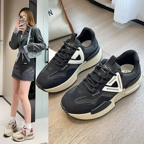 网红爆款小黑鞋女2023新款秋季老爹鞋ins潮黑色运动鞋轻便旅游鞋商品大图