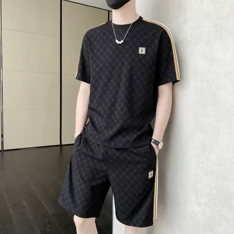 男士冰丝速干套装短袖T恤短裤两件装加肥加大码夏季薄款休闲男装商品大图