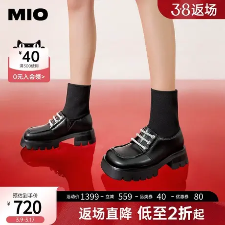 MIO米奥冬靴子黑色小皮鞋短靴针织厚底瘦瘦靴女潮酷拼接袜子靴商品大图