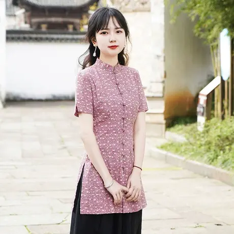 筠雅唐装女中国风改良旗袍上衣夏季短袖修身显瘦茶服中式禅意女装商品大图