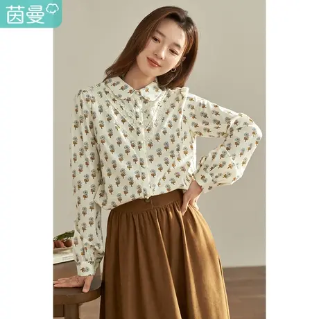 【商场同款】茵曼2023春女装新款复古提花印花单排扣全棉衬衫衬衣图片