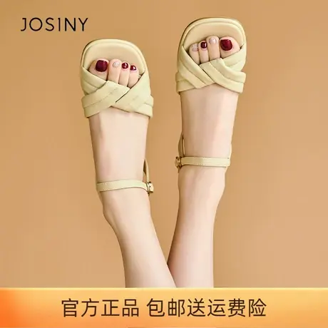 卓诗尼凉鞋女2023夏季新款气质一字扣交叉绑带粗跟浅口时装鞋正品图片