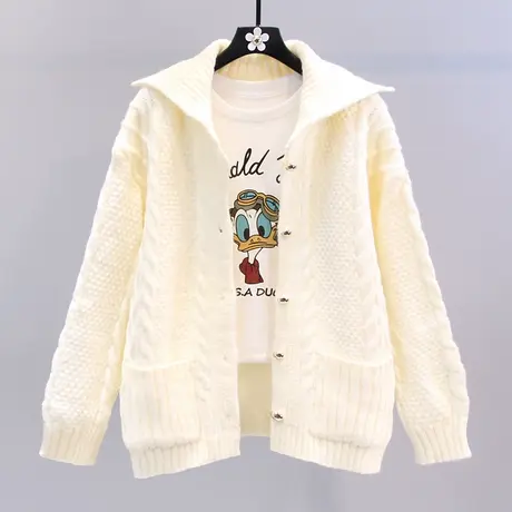 大翻领麻花毛衣外套女秋冬2023年新款韩版宽松慵懒风加厚针织开衫图片