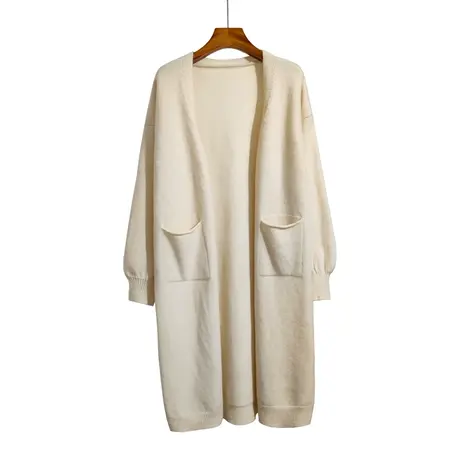 中长款针织开衫女秋冬季新款宽松慵懒风口袋纯色百搭过膝毛衣外套图片