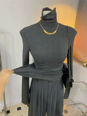 灰色显高级简约轻奢高领包裹性好紧身螺纹长袖T恤女秋冬新打底衫商品大图
