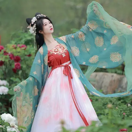 【如梦霓裳丨半夏】唐制原创汉服女诃子裙夏绣花高腰红印花大袖衫图片