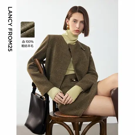 朗姿2024年新款纯羊毛复古人字纹气质设计感短外套冬季时尚上衣女图片