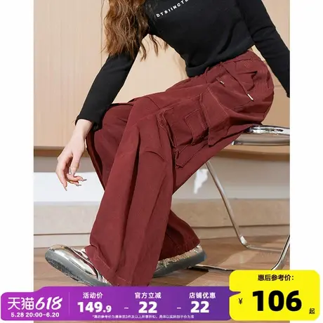 唐狮2025春秋季新款女休闲裤宽松直筒阔腿显瘦流行红色工装裤子商品大图
