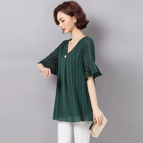 2023夏季新款妈妈上衣宽松条纹遮肚子大码女装短袖中长款雪纺衬衫商品大图