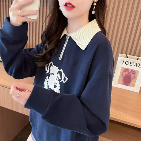 早秋娃娃领卫衣女春秋季韩版宽松小个子薄款polo领假两件上衣外套图片