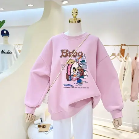 2023春秋百搭新款复古卡通印花宽松大码圆领套头卫衣女外套单穿潮商品大图