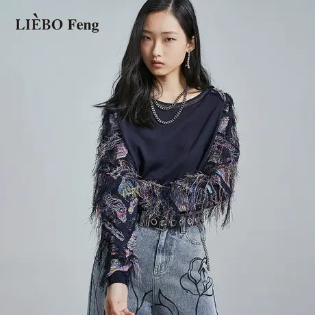 裂帛LIEBOFeng设计师品牌2023春季chic街头摇滚拼接短款针织衫女商品大图