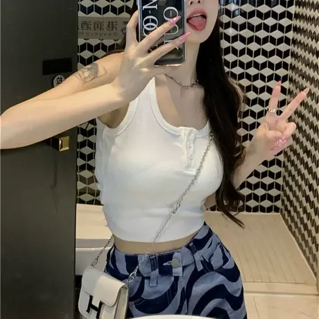 纽扣背心女外穿夏季新款修身辣妹小吊带西装内搭无袖t恤上衣短款图片