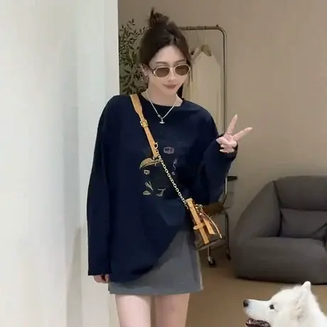 慵懒风圆领卫衣长袖T恤女新款秋季韩系气质内搭打底衫显瘦上衣潮商品大图