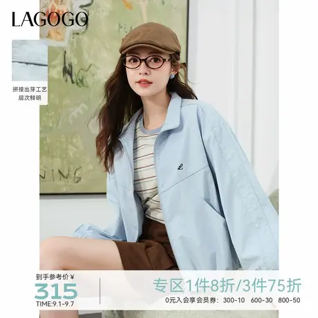 LAGOGO立领绣花夹克女拉谷谷2025年秋季新款百搭冰川蓝休闲外套商品大图