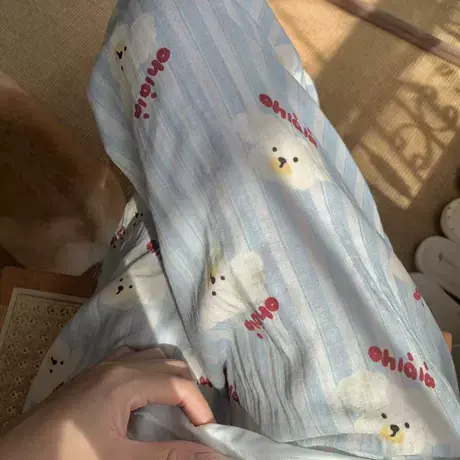 韩系撞色条纹小狗全棉双层纱长裤春秋家居服夏季长裤有口袋可外穿商品大图