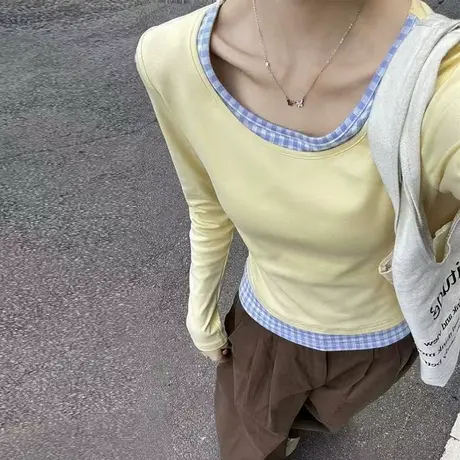 假两件拼接长袖T恤女早春秋修身韩版内搭打底衫设计感小众上衣潮商品大图