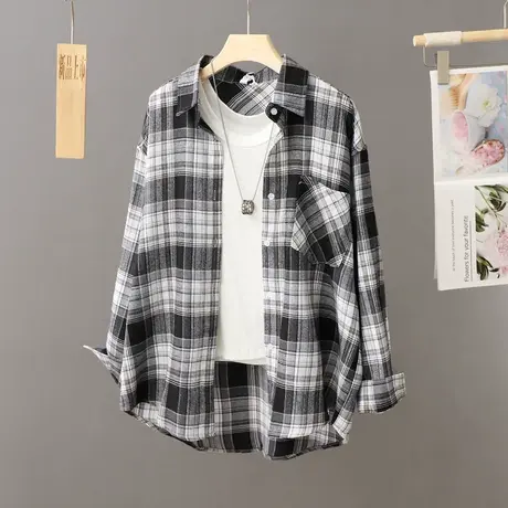格子衬衫女外套春秋季2023年新款日系复古衬衣开衫宽松设计感上衣商品大图