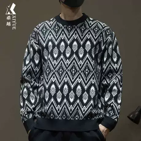 希越高级感民族风毛衣男士宽松大码14针套头打底针织衫2023秋冬款商品大图