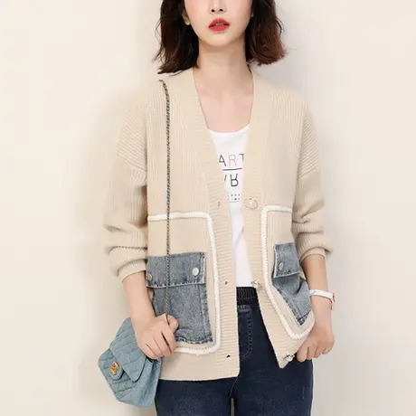 新品8.5折】中长款牛仔拼接针织开衫宽松V领毛衣外套女图片