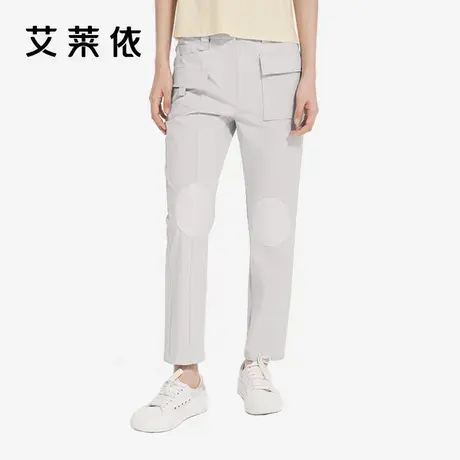 艾莱依休闲裤女2021春夏新款米色直筒小个子工装贴布简约通勤裤子商品大图