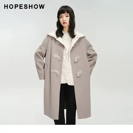 红袖outlets圆领毛呢外套两件套hopeshow2023冬款保暖长款大衣女商品大图