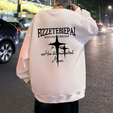 潮牌宽松圆领加绒卫衣男秋冬季2023新款套头长袖打底无帽外套衣服商品大图