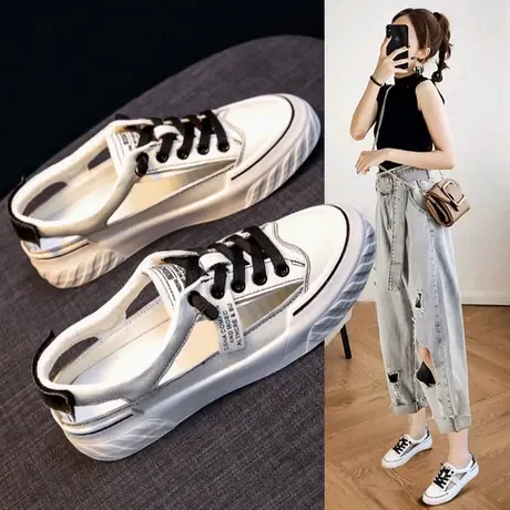 真皮运动凉鞋女2023年新款夏季休闲鞋镂空小白鞋百搭外穿包头单鞋商品大图