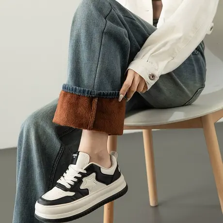 高腰加绒阔腿牛仔裤女2023新款冬季加厚裤子秋冬女裤烟筒裤直筒裤商品大图