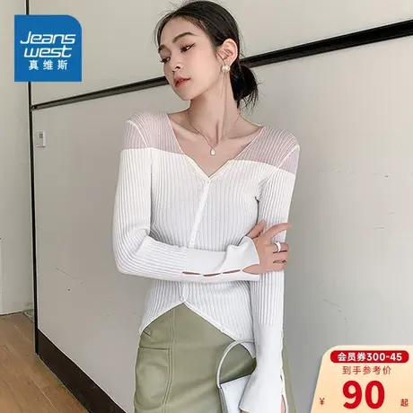 EI真维斯2024春季新款时尚女装V领长袖镂空设计收腰休闲开衫毛衣图片