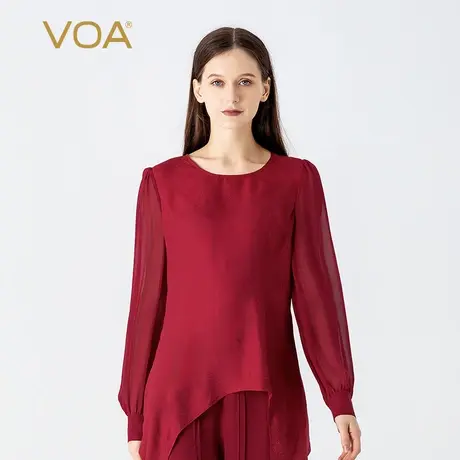 VOA桑蚕丝暗纹提花酒红色圆领衬衫袖拼接乔其不对称设计真丝T恤女图片