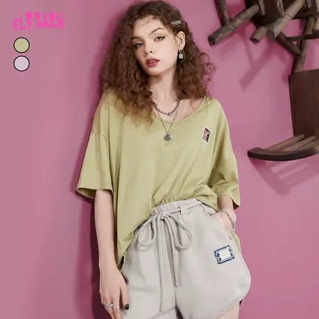 妖精的口袋u领纯色短袖t恤女2023夏季新款半袖大码别致宽松上衣潮商品大图