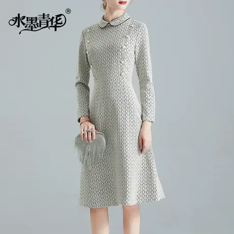 冬季新款时尚POLO领A字裙简约修身中长款长袖连衣裙商品大图