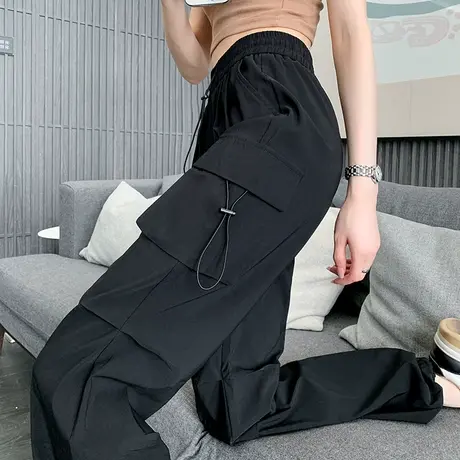 美式辣妹速干工装裤女春夏薄款高腰宽松休闲黑色束脚灯笼阔腿长裤图片