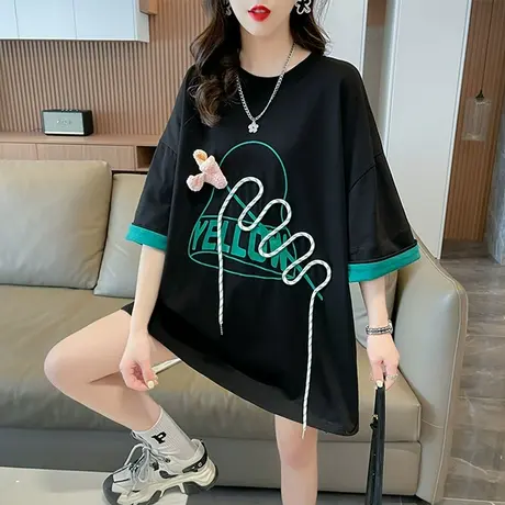 小众设计感短袖t恤女夏季韩版宽松大码女装中长款百搭假两件上衣商品大图