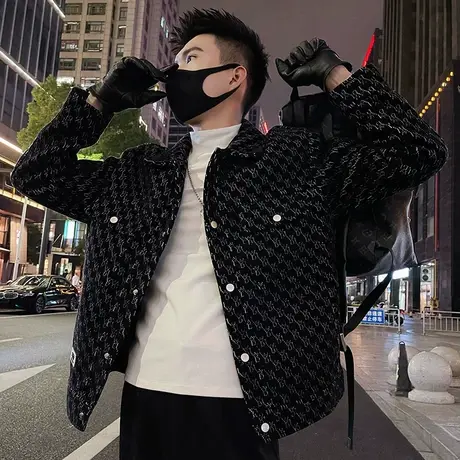 工装加厚毛呢夹克男设计感轻熟满印字母花色秋冬机车翻领呢子外套商品大图