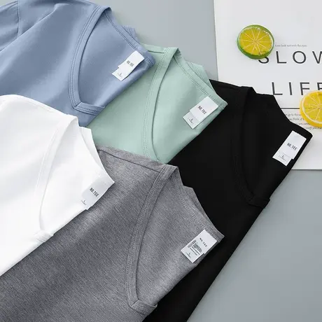 莫代尔长袖t恤男装V领秋季纯色白色上衣服潮流内搭打底衫体恤秋衣商品大图