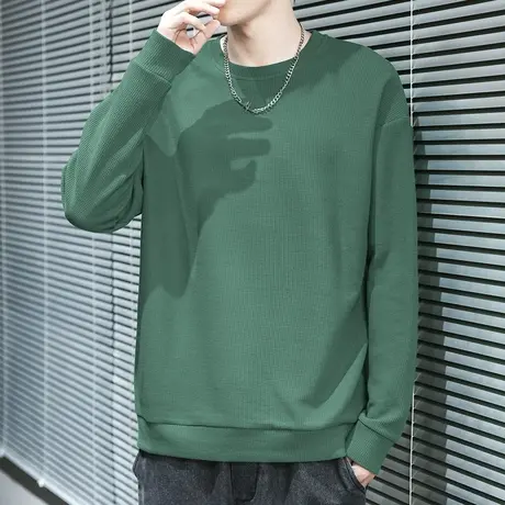 2024新款华夫格圆领卫衣男士秋冬款加绒加厚保暖无帽纯色长袖t恤图片